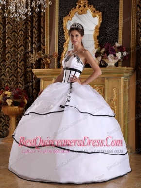White Ball Gown Strapless Floor-length Satin and Organza Appliques Sweet 16 Dress