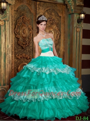 Aqua Blue Ball Gown Strapless  Organza and Zebra Ruffles Quinceanera Dress