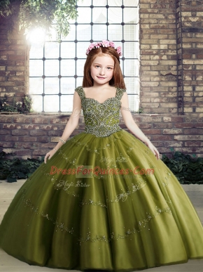 Excellent Olive Green Tulle Lace Up Straps Sleeveless Floor Length Little Girl Pageant Gowns Beading