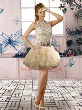 Champagne Tulle Clasp Handle Dress for Prom Sleeveless Mini Length Beading and Ruffles