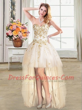 Shining High Low Lace Up Evening Dress Champagne for Prom and Party with Beading