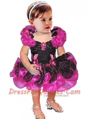 Luxurious Appliques and Ruffles Short Little Girl Dresses in Black and Fuchsia