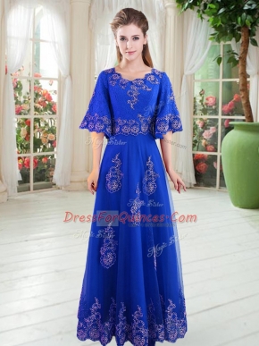 Royal Blue Scoop Neckline Lace Evening Dress Half Sleeves Lace Up