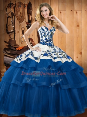 Colorful Blue Sweet 16 Dress Military Ball and Sweet 16 and Quinceanera with Embroidery Sweetheart Sleeveless Sweep Train Lace Up