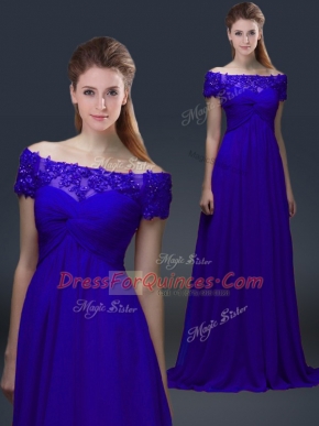 Appliques Homecoming Dress Blue Lace Up Short Sleeves Knee Length