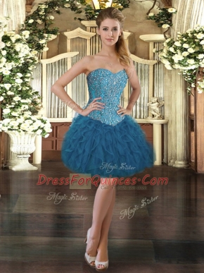 Blue Sleeveless Tulle Lace Up Prom Evening Gown for Prom and Party