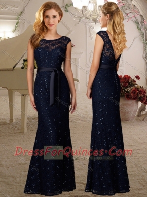 Cheap Cap Sleeves Column Laced Dama Dress with Beading and Belt