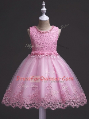 Rose Pink Ball Gowns Lace Pageant Gowns For Girls Zipper Tulle Sleeveless Knee Length