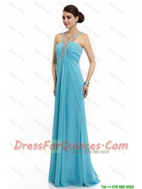 2016 Classical Brush Train Straps Beaded Prom Dresses in Aqua Blue
