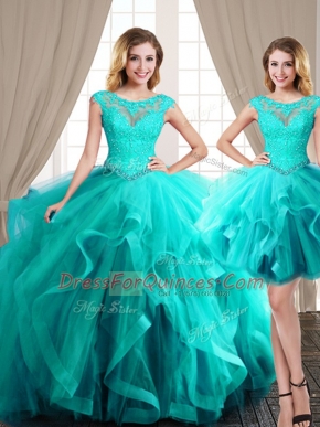 Colorful Three Piece Tulle Scoop Cap Sleeves Brush Train Lace Up Beading and Appliques and Ruffles Quinceanera Gowns in Aqua Blue