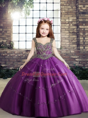 Floor Length Ball Gowns Sleeveless Purple Kids Pageant Dress Lace Up