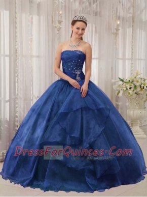 Fashinable Organza Strapless Beading Ball Gown Dress in Navy Blue