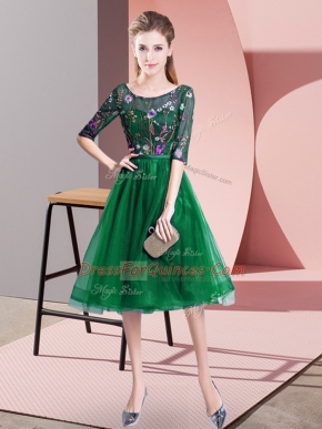 Decent Scoop Half Sleeves Lace Up Court Dresses for Sweet 16 Dark Green Tulle