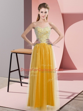 Floor Length Empire Sleeveless Gold Prom Dresses Lace Up
