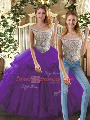 Floor Length Purple Quinceanera Dress Organza Sleeveless Beading and Ruffles