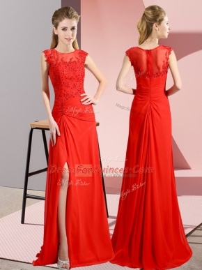 Cute Beading Prom Gown Red Zipper Sleeveless Floor Length