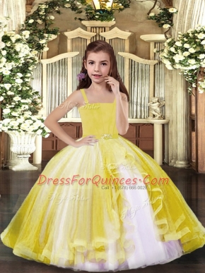 Yellow Sleeveless Tulle Lace Up Kids Pageant Dress for Party and Sweet 16 and Wedding Party