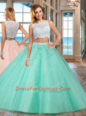 Top Selling Apple Green Two Pieces Bateau Sleeveless Tulle Floor Length Side Zipper Beading and Appliques Quinceanera Gowns