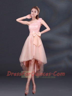 2015 Bowknot High Low Lace Up Dama Dress with One Shoulder
