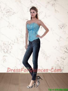 Cute Baby Blue Sweetheart Corset with Ruffles and Beading