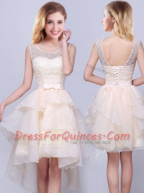 Modern Champagne Scoop Neckline Lace and Ruffles Damas Dress Sleeveless Lace Up