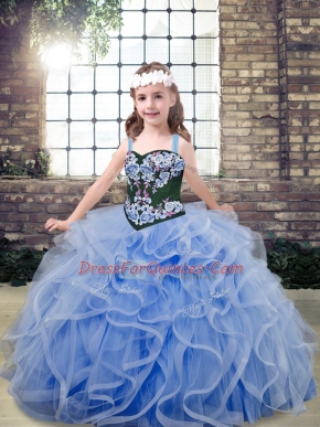 Floor Length Light Blue Child Pageant Dress Tulle Sleeveless Embroidery and Ruffles