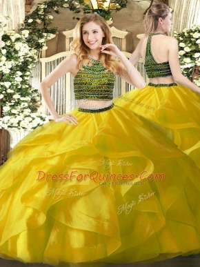 High Quality Yellow Sleeveless Organza Zipper Ball Gown Prom Dress for Military Ball and Sweet 16 and Quinceanera