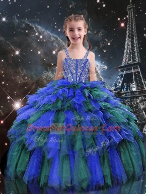 Blue Sleeveless Floor Length Beading and Ruffles Lace Up Kids Pageant Dress