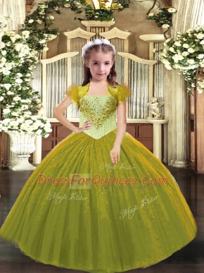 Trendy Olive Green Tulle Lace Up Straps Sleeveless Floor Length Kids Pageant Dress Beading