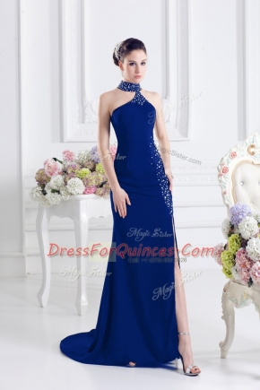 Royal Blue Sleeveless Elastic Woven Satin Sweep Train Lace Up Prom Evening Gown for Prom and Party