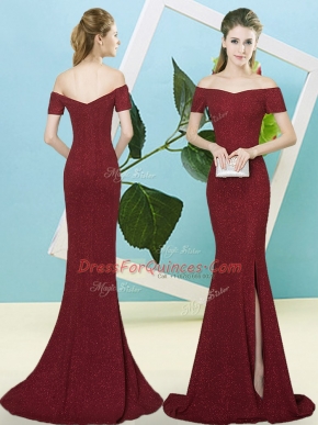 Fitting Burgundy Off The Shoulder Neckline Sequins Evening Dress Short Sleeves Zipper
