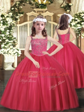 Customized Floor Length Coral Red Pageant Dress for Teens Straps Sleeveless Lace Up
