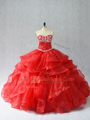 Floor Length Ball Gowns Sleeveless Red Quinceanera Gown Lace Up