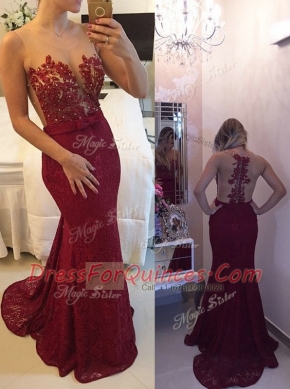 Mermaid Scoop Sleeveless Chiffon With Train Court Train Zipper Prom Evening Gown in Burgundy with Beading and Appliques and Bowknot