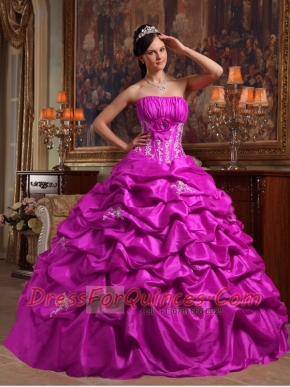 2014 Impressive Strapless Fuchsia Ball Gown Floor-length Appliques Taffeta Beautiful Quinceanera Dress