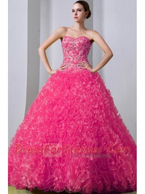 2014 A-Line / Princess Sweetheart Hot Pink Brush Train Organza Beading Quinceanea Dress