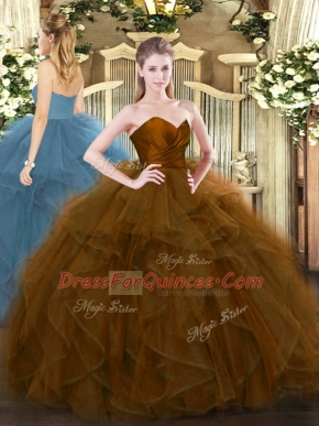 Best Selling Tulle Sweetheart Sleeveless Zipper Ruffles Quinceanera Gown in Brown