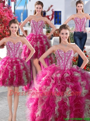 Wonderful Big Puffy Beaded and Ruffled Detachable Quinceanera Dresses in Organza