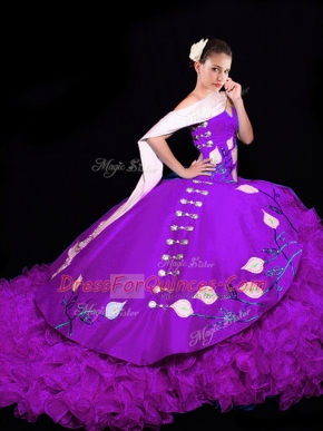Top Selling Lace Up Quinceanera Dresses Eggplant Purple for Military Ball and Sweet 16 and Quinceanera with Embroidery and Ruffles Brush Train