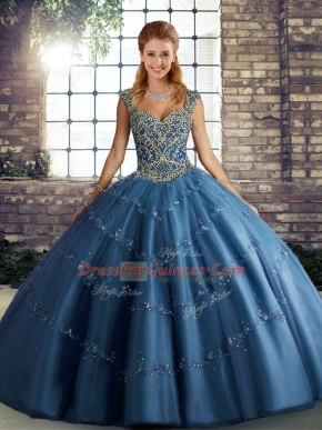 Excellent Floor Length Lace Up Vestidos de Quinceanera Blue for Military Ball and Sweet 16 and Quinceanera with Beading and Appliques