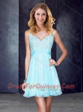 Simple Straps Backless Beaded and Applique Prom Dress in Light Blue
