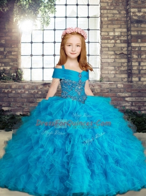 Floor Length Ball Gowns Sleeveless Baby Blue Pageant Gowns For Girls Lace Up
