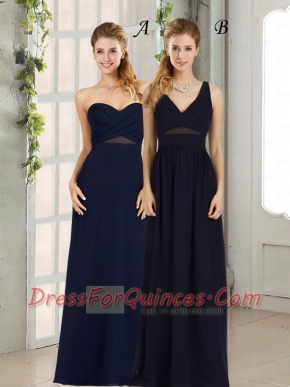 V Neck Empire Zipper Up Navy Blue Dama Dress for 2015