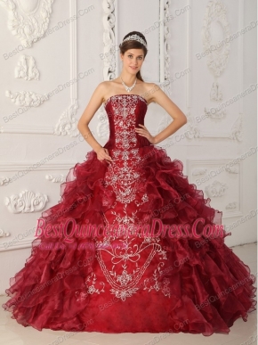 Wine Red Ball Gown Strapless Floor-length Satin and Organza Embroidery Quinceanera Dress