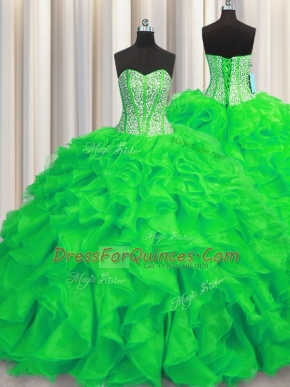 Pretty Visible Boning Sleeveless Beading and Ruffles Lace Up Ball Gown Prom Dress with Green Brush Train