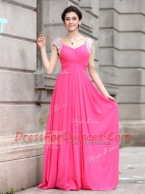 Cute Hot Pink Cap Sleeves Floor Length Beading Zipper Prom Gown