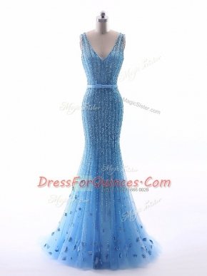 Beautiful V-neck Sleeveless Tulle Evening Dress Beading and Belt and Hand Made Flower Zipper