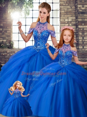 Designer Blue Ball Gowns Beading and Pick Ups Sweet 16 Quinceanera Dress Lace Up Tulle Sleeveless