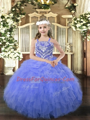 Blue Organza Lace Up Pageant Gowns For Girls Sleeveless Floor Length Beading and Ruffles