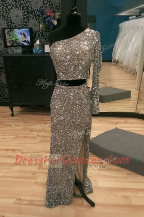 Glittering One Shoulder Silver Sequined Zipper Prom Evening Gown Long Sleeves With Train Sweep Train Beading